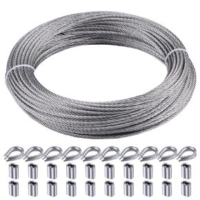 1/8" wire cable, 100ft Wire Rope Metal Cable With Loop Sleeve And Steel Thimble, 7x7 marine stainless steel Strand Core Perfect For Deck Railing System, Outdoor hanging kit, garden fence (SR03)