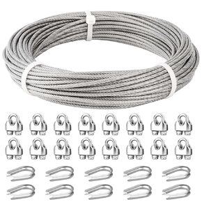 3/16" Wire Rope, 200ft Stainless Steel Wire Cable Rope 3700lbs Breaking 7x19 Strands, Strength Guide Guy Wire with Wire Rope Clip, Thimble for Heavy Duty, Deck Railing, String Lights