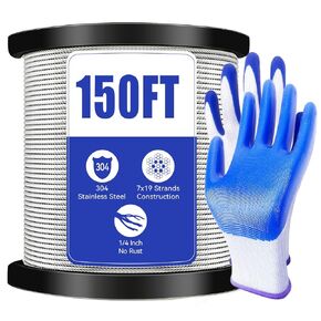 1/4" Stainless Steel Cable,7x19 Strand Aircraft Wire Rope,Cable for Heavy Duty Applications,Zip Iine and Outdoor Pulley Cables,Deck Railing, with Gloves,Breaking Strength 6400 Ibs,600FT