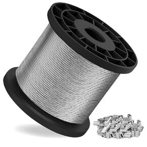 1/16 Wire Rope - 328FT 304 Stainless Steel Cable 7x7 368lbs Breaking Strength, Coated Wire Cable with 150 Crimping Sleeves, for Clothes Line, Trellis and String Light Cable