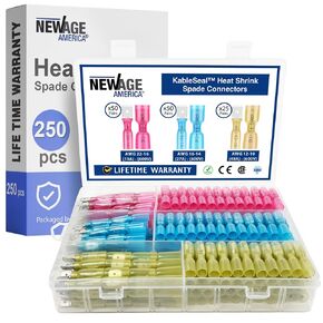 New Age America™ 250pcs KableSeal™ Heat Shrink Spade Connector Kit | AWG 22-10 | Tinned Copper & Marine Grade | Male and Female Quick Disconnect Terminals | Color Coded | Insulated Terminals