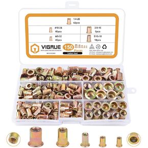 Rivet Nuts Assortment Kit, VIGRUE 230PCS SAE and Metric Carbon Steel UNC Nutserts Rivnut, Zinc Plated, Flat Head Insert Nut Assort #8-32#10-24 1/4"-20 3/8"-16 5/16"-18 and M3 M4 M5 M6 M8 M10 M12