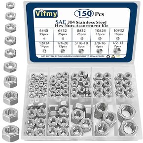 150pcs SAE Hex Nuts Assortment Kit,4#40 6#32 8#32 10#24 10#32 12#24 1/4-20 5/16-18 3/8-16 1/2-13 Hardware Nuts Sets,304 Stainless Steel