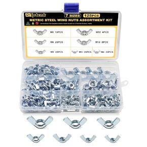 SAE Wing Nuts 125PCS, 6-32#8-32#10-24 1/4"-20 3/8"-16 5/16"-18 Wingnuts 6 Assorted Sizes Carbon Steel Zinc Plated Butterfly Wing Nut Fasteners Hardware Assortment Kit