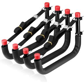 Kayak Storage Racks, 15.3 Inch Wall Mount Garage Storage Hooks for Kayaks, SUP, Paddle Boards and Surfboards, Heavy Duty Hangers with Lashing Straps, 100 LB Capacity, Black + Red
