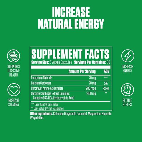 Garcinia Cambogia Extra Strength | #1 New Garcinia Cambogia Supplement Plus Potassium Chloride, Calcium Carbonate & Chromium Amino Acid | Increase Energy & Stamina - 60 Vegan Capsules in Kuwait