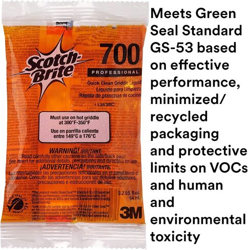 3M Scotch-Brite Griddle Cleaning, Quick Clean Liquid 700-40, 3.2 Oz Packet, 40/Pack, Heavy Duty, Cleans in 3-5 Minutes, for Baked on Food and Cooking Oils, Use on Hot or Cool Griddle in Saudi Arabia