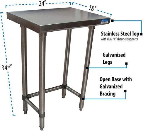 BK Resources NSF Stainless Steel Table, 30"x18", Commercial Restaurant Work/Prep Table, 18 ga T-304 Stainless Steel Top, Open Base, and Adjustable Feet, Reinforced with Channels in Saudi Arabia