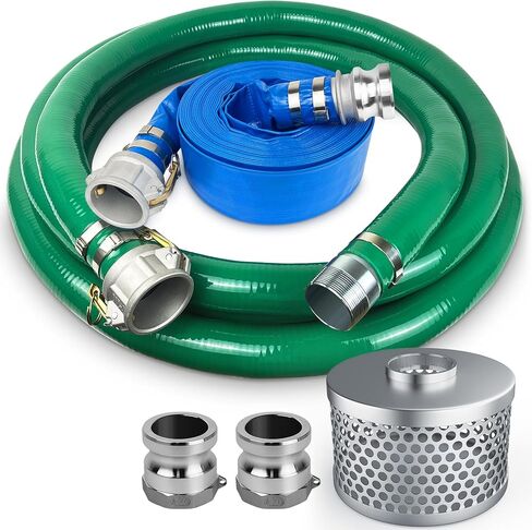 Discharge Hose Pump Kit, Includes 2" x 50' Blue PVC Backwash Hose & 2" x 24.5' Green PVC Suction Hose with Aluminum Cam Lock Fittings, Steel Round Hole Suction Strainer, Cam, Groove Adapter in Saudi Arabia