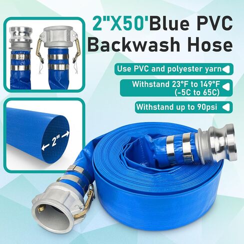 Discharge Hose Pump Kit, Includes 2" x 50' Blue PVC Backwash Hose & 2" x 24.5' Green PVC Suction Hose with Aluminum Cam Lock Fittings, Steel Round Hole Suction Strainer, Cam, Groove Adapter in Saudi Arabia