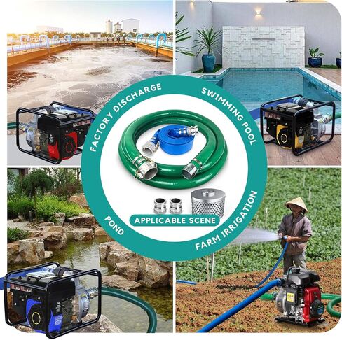 مجموعة مضخة خرطوم التفريغ، تتضمن خرطوم غسيل خلفي من مادة PVC باللون الأزرق مقاس 2 × 50 بوصة وخرطوم شفط PVC أخضر مقاس 2 × 24.5 بوصة مع تركيبات قفل كامة من الألومنيوم، ومصفاة شفط بفتحة مستديرة من الفولاذ، وكاميرا، ومحول أخدود in Kuwait