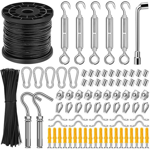 طقم حبل سلكي CGBOOM، سلك من الفولاذ المقاوم للصدأ بطول 200 قدم 1/16، طقم تعليق ضوء سلسلة مطلي، سلك تعليق لملابس ستارة سطح السفينة ونباتات التسلق والصور المعلقة مع المزيد من الملحقات in Kuwait