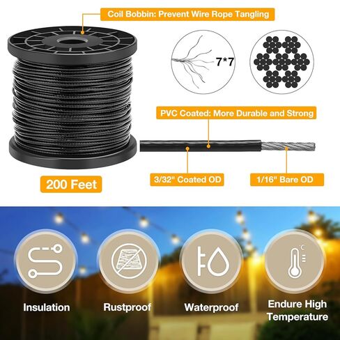 طقم حبل سلكي CGBOOM، سلك من الفولاذ المقاوم للصدأ بطول 200 قدم 1/16، طقم تعليق ضوء سلسلة مطلي، سلك تعليق لملابس ستارة سطح السفينة ونباتات التسلق والصور المعلقة مع المزيد من الملحقات in Kuwait