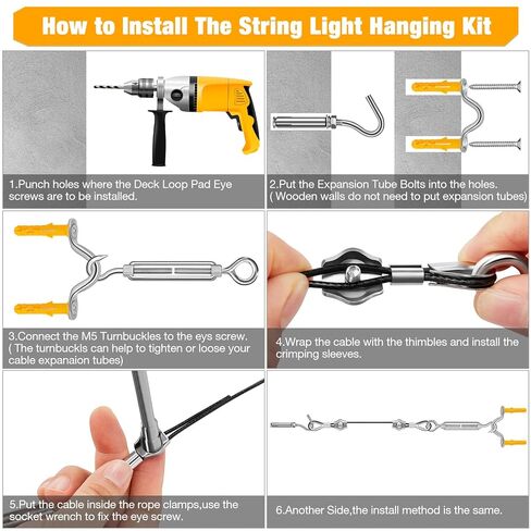 طقم حبل سلكي CGBOOM، سلك من الفولاذ المقاوم للصدأ بطول 200 قدم 1/16، طقم تعليق ضوء سلسلة مطلي، سلك تعليق لملابس ستارة سطح السفينة ونباتات التسلق والصور المعلقة مع المزيد من الملحقات in Kuwait