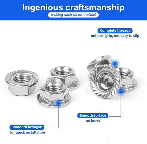 M6 × 1 مم (100 قطعة) صواميل شفة، 304 شفة مسننة من الفولاذ المقاوم للصدأ صواميل قفل سداسي متري، لمسة نهائية لامعة، خيط كامل in Kuwait