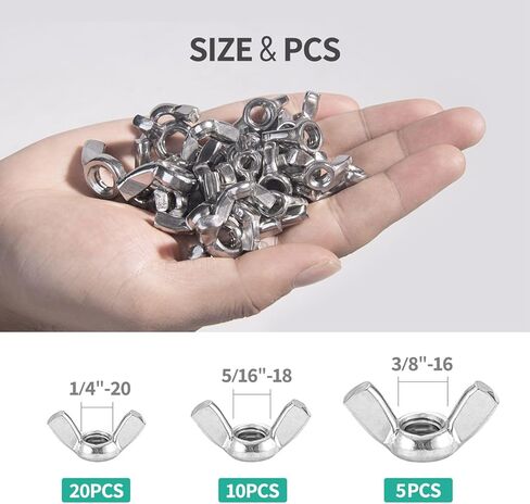 35 قطعة 1/4"-20، 5/16"-25، 3/8"-16 صواميل مجنحة، 304 أجزاء من الفولاذ المقاوم للصدأ مجموعة متنوعة من صامولة جناح الفراشة in Kuwait