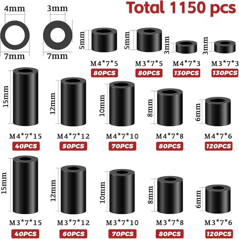 1150 Pcs Electrical Outlet Screws Spacers,Black Nylon Round Spacer ID 3.2mm﹠4.2mm,OD 7mm, 3mm 5mm 6mm 8mm 10mm 12mm 15mm Length,Suitable for M3 M4 Screws Hardware Spacer Bracket in Saudi Arabia
