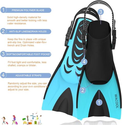 WACOOL Adult Short Light Adjustable Travel Size Fins Short Blade Fins Flippers for Snorkeling Diving Scuba Swimming Training in Saudi Arabia
