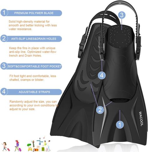 WACOOL Adult Short Light Adjustable Travel Size Fins Short Blade Fins Flippers for Snorkeling Diving Scuba Swimming Training in Saudi Arabia