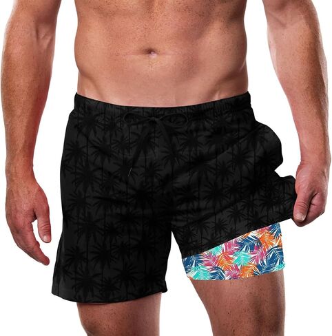 Cozople Men's Swim Trunks with Compression Liner 5.5" Inseam Quick Dry Bathing Suit Boxer Brief Lined Swim Shorts Swimwear in Kuwait