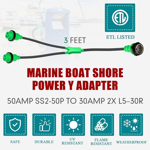 3FT Marine Boat Shore Power Adapter SS2-50P Male 50A Plug to (2) 30A L5–30R Female, 50 Amp 125/250V to L5-30R Y Splitter with Locking Ring and Collar in Saudi Arabia