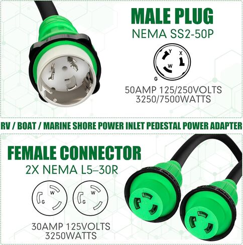 3FT Marine Boat Shore Power Adapter SS2-50P Male 50A Plug to (2) 30A L5–30R Female, 50 Amp 125/250V to L5-30R Y Splitter with Locking Ring and Collar in Saudi Arabia