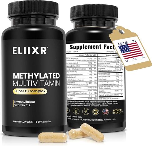 Methylated Multivitamin Methylfolate Supplement - Active B12 Methylcobalamin, Super B Complex for Men and Women - 60 Vegetable Capsules-Manufactured in The USA. in Saudi Arabia