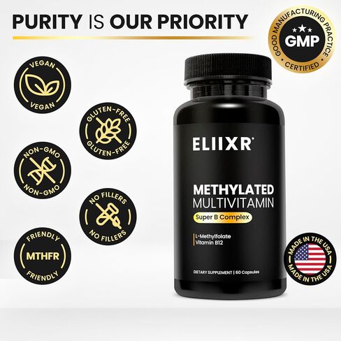 Methylated Multivitamin Methylfolate Supplement - Active B12 Methylcobalamin, Super B Complex for Men and Women - 60 Vegetable Capsules-Manufactured in The USA. in Saudi Arabia