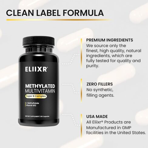 Methylated Multivitamin Methylfolate Supplement - Active B12 Methylcobalamin, Super B Complex for Men and Women - 60 Vegetable Capsules-Manufactured in The USA. in Saudi Arabia