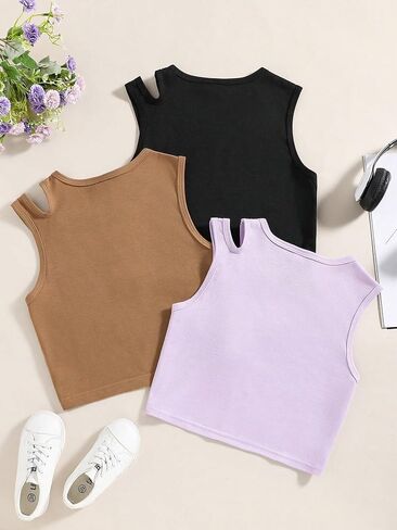 Milumia Girl's 3 Pack Tank Top Set Cut Out Crewneck Oblessed Tops Basic in Saudi Arabia
