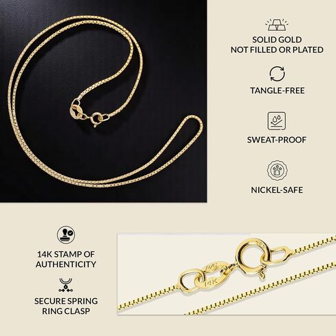 Everyday Elegance Solid 14K White, Yellow or Rose Gold Box Link Chain Necklace for Women Square Box Design| Spring Ring Clasp | 0.6mm or 1.0mm Thickness | 14 16 18 20 22 Inch Lengths With Gift Box in Saudi Arabia