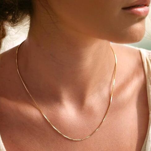 Everyday Elegance Solid 14K White, Yellow or Rose Gold Box Link Chain Necklace for Women Square Box Design| Spring Ring Clasp | 0.6mm or 1.0mm Thickness | 14 16 18 20 22 Inch Lengths With Gift Box in Saudi Arabia