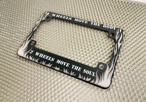 Motorcycle Personalized Flames Design with Custom Text - Anodized Aluminum Laser Etched Standard Size License Plate Frame - Black in Saudi Arabia