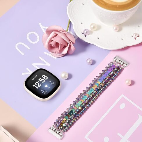 سوار MOFREE متوافق مع Fitbit Versa 3/Versa 4 Bands/Fitbit Sense/Sense 2 للنساء، بديل حزام الخرز المطاطي المصنوع يدويًا لـ Fitbit Versa 4/Versa 3/Sense 2/Sense باللون الأسود in Kuwait