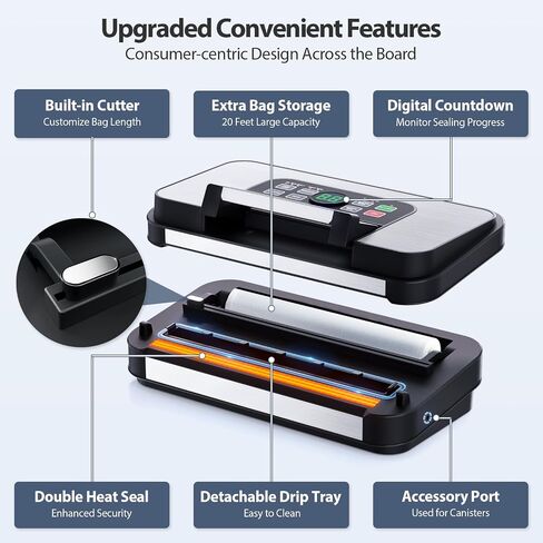 95Kpa Powerful Precision Pro Vacuum Sealer, with 10-in-1 Functions, Easy-Lock Handle, Double Heat Seal & Double Pump, Vacuum Sealer Machine for Food with Bags Storage, Built-in Cutter, Grey in Saudi Arabia