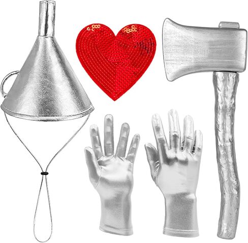 4PCS Tin Costume Accessories, Silver Funnel Hat Axe Set with Sequin Heart Brooch Shiny Metallic Gloves for Cosplay Party Halloween in Saudi Arabia