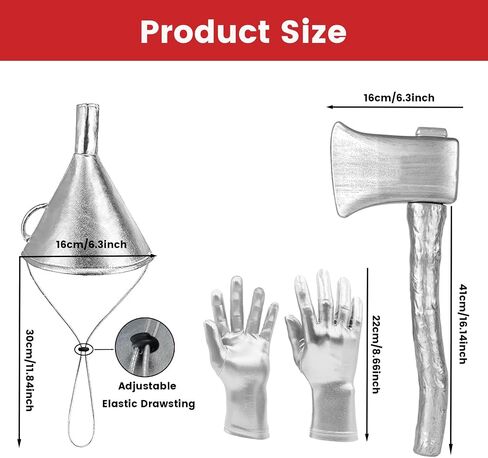 4PCS Tin Costume Accessories, Silver Funnel Hat Axe Set with Sequin Heart Brooch Shiny Metallic Gloves for Cosplay Party Halloween in Saudi Arabia