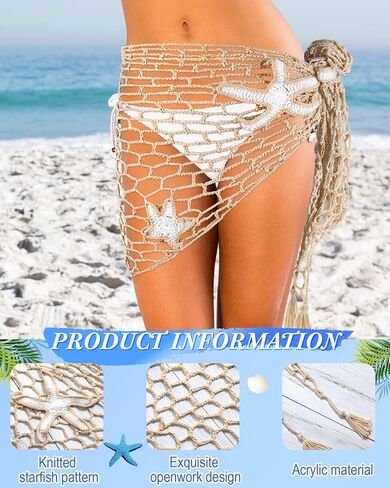 Women Crochet Cover up Skirt Hollow out Triangle Shawl Wrap Mermaid Sarong Fishnet Swimwear Starfish Beach Skirt in Saudi Arabia