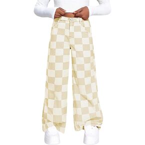 WDIRARA Girl's Checkered Straight Leg Baggy Jeans Elastic High Waist Denim Pants in Saudi Arabia