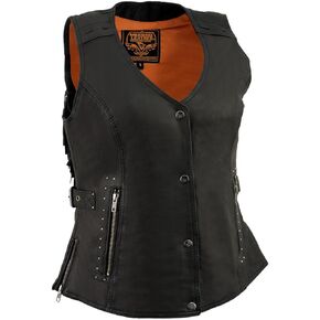 Milwaukee Leather MLL4565 Women's Black Fringed Leather Rivet Detail Side Buckle and Zipper Motorcycle Rider Vest in Kuwait