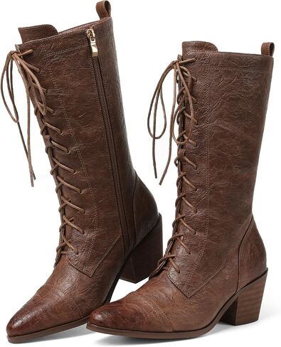 Women's Black Mid Calf Boots Lace Up Chunky Heel Vintage Combat Heeled Dress Casual Boots in Saudi Arabia