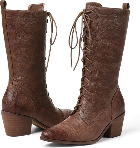 Women's Black Mid Calf Boots Lace Up Chunky Heel Vintage Combat Heeled Dress Casual Boots in Saudi Arabia