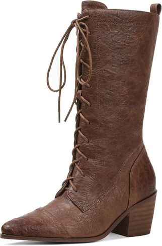 Women's Black Mid Calf Boots Lace Up Chunky Heel Vintage Combat Heeled Dress Casual Boots in Saudi Arabia