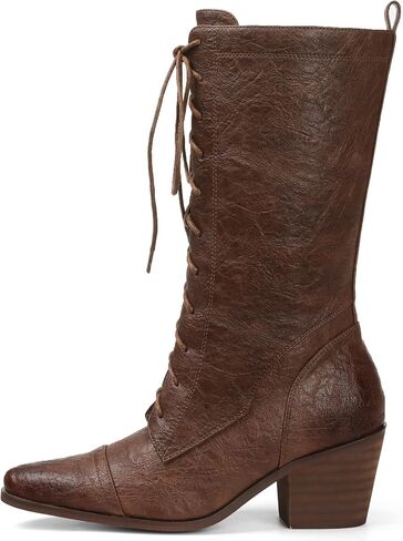 Women's Black Mid Calf Boots Lace Up Chunky Heel Vintage Combat Heeled Dress Casual Boots in Saudi Arabia