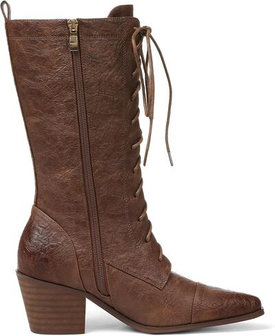 Women's Black Mid Calf Boots Lace Up Chunky Heel Vintage Combat Heeled Dress Casual Boots in Saudi Arabia