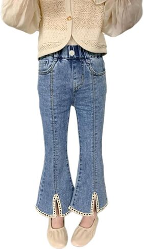 Girls Jeans Elastic Waistband Pockets Straight Leg Pants Casual Fashion Outdoor Breathable Girls' Children's Clothing in Saudi Arabia