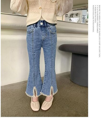 Girls Jeans Elastic Waistband Pockets Straight Leg Pants Casual Fashion Outdoor Breathable Girls' Children's Clothing in Saudi Arabia
