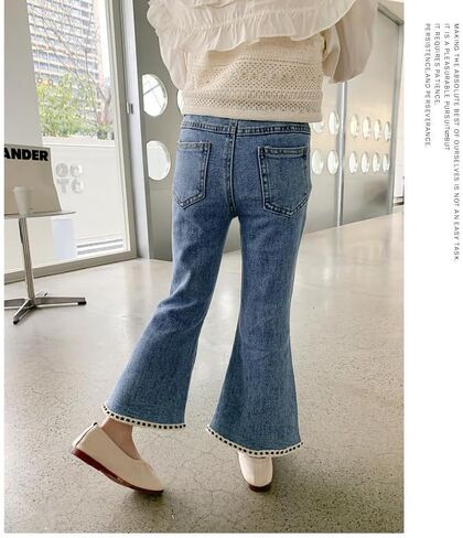 Girls Jeans Elastic Waistband Pockets Straight Leg Pants Casual Fashion Outdoor Breathable Girls' Children's Clothing in Saudi Arabia