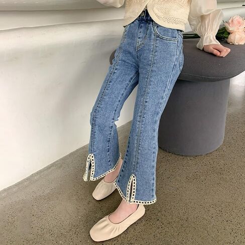 Girls Jeans Elastic Waistband Pockets Straight Leg Pants Casual Fashion Outdoor Breathable Girls' Children's Clothing in Saudi Arabia