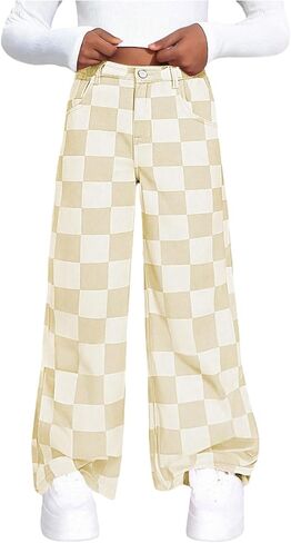 Wdirara Girl's Checkered Strained Leg Leg Baggy Jeans مرنة عالية الخصر سراويل الدنيم in Saudi Arabia